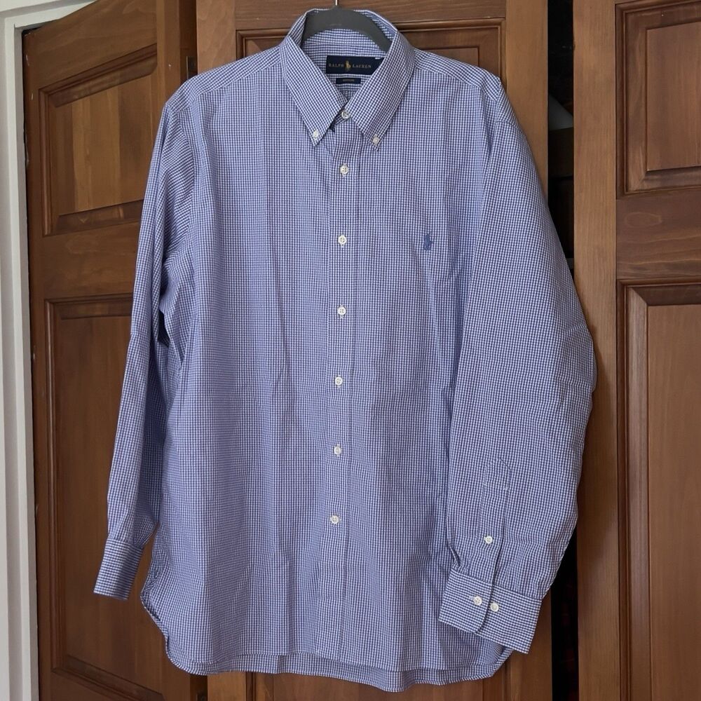 Ralph Lauren Blue White Gingham Check Button Down Dress Shirt Men’s 17 34/35